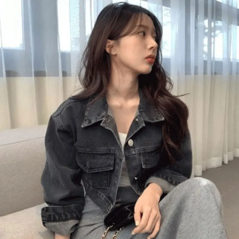 레트로 세련된 짧은 느슨한 긴 소매 데님 재킷 금속 단일 버튼 빈티지 스타일 여성 패션 가을 겉옷
