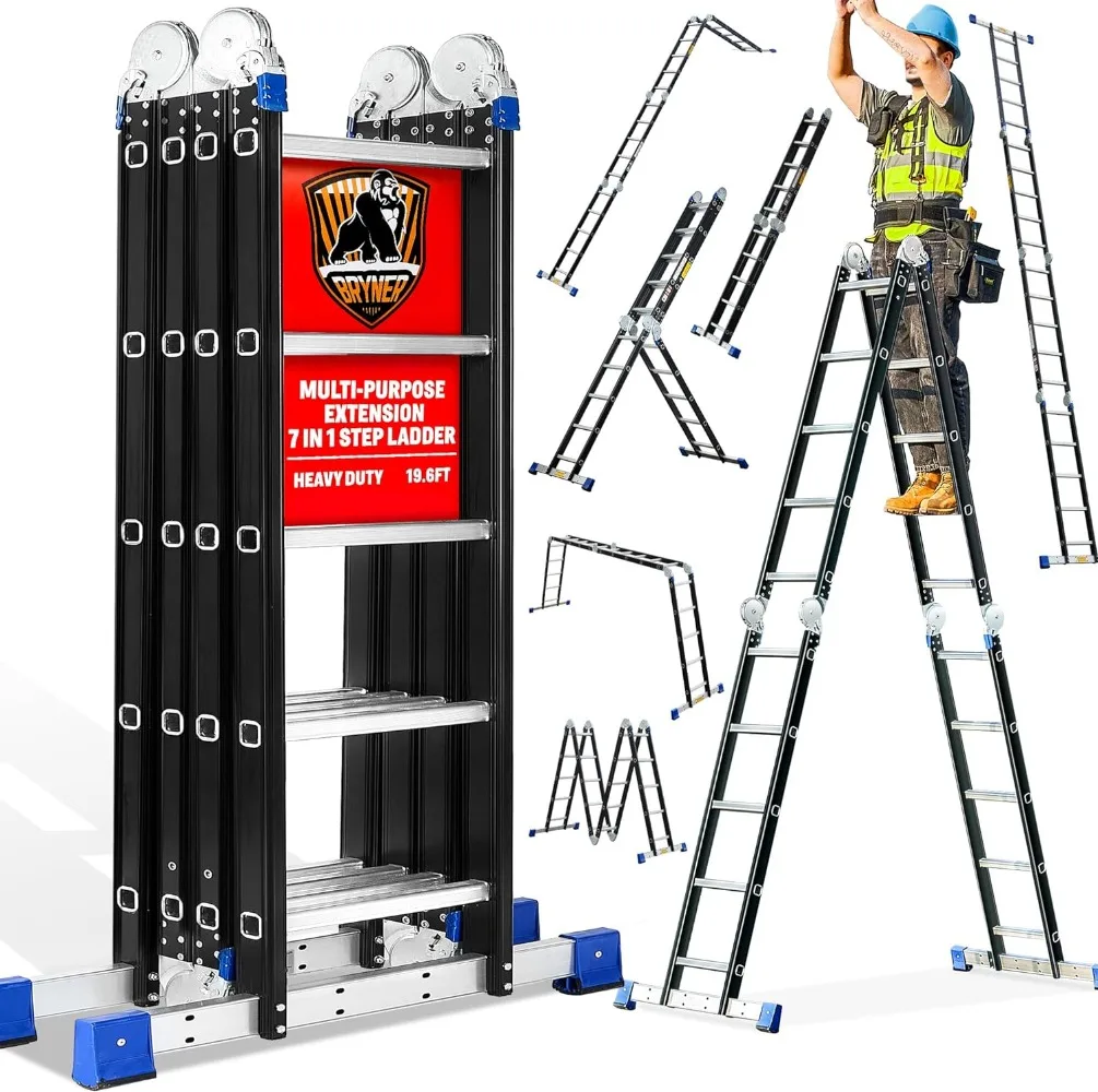 

Bryner Folding Step Ladder,19.6ft,7 in1 Multi-Purpose90°Ladder Folding Adjustable Telescoping Aluminium Extension Ladders,330lbs