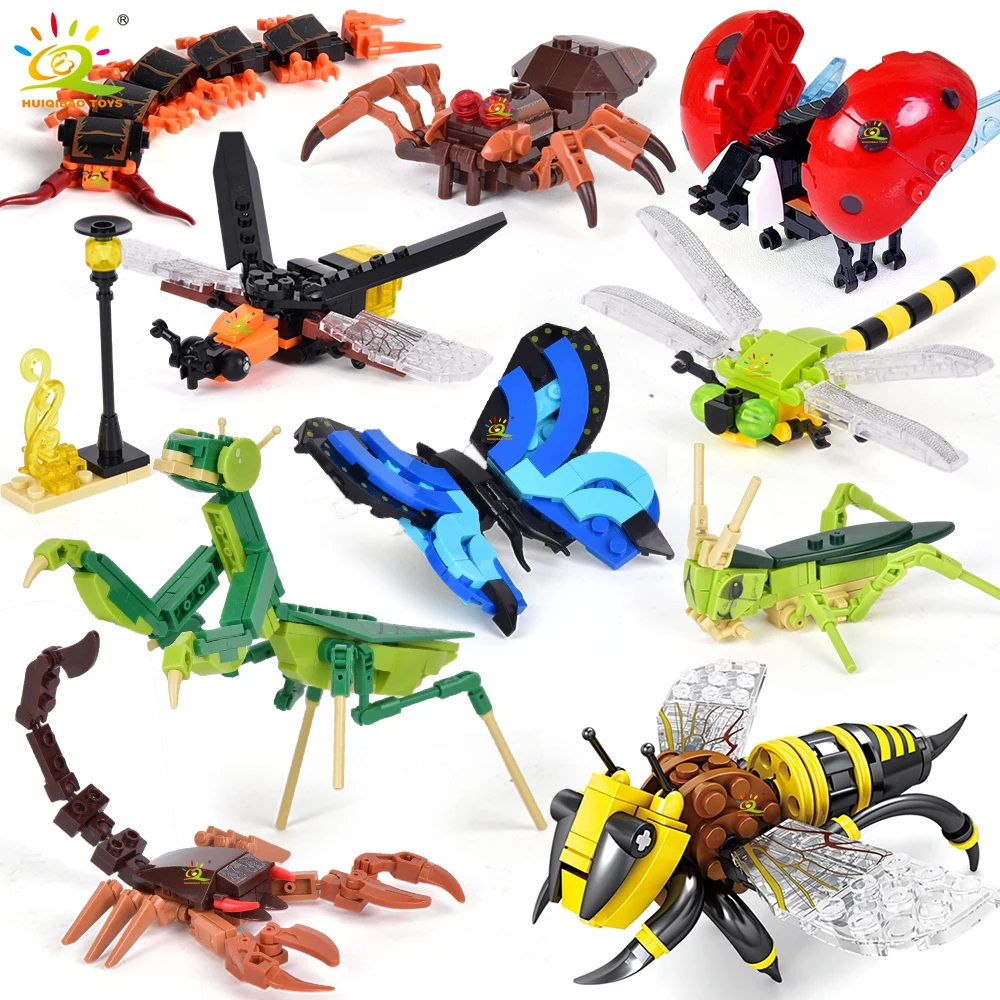 HUIQIBAO Creative Moc Insect Building Blocks Bee Dragonfly Ant Mantis Butterfly Children's Assembled Toys Animal Ornaments Gifts