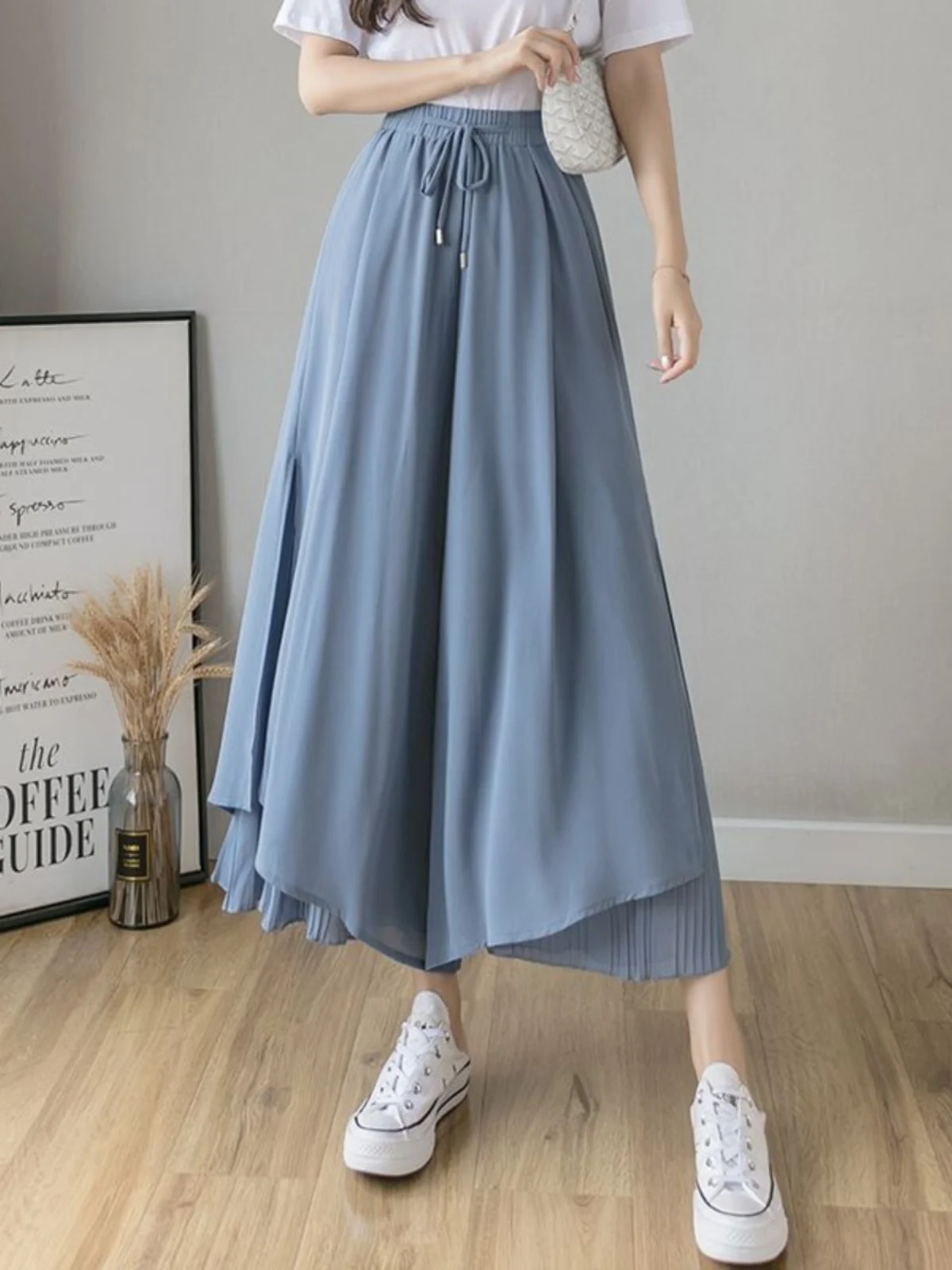 Summer Casual Sle Ice Silk Thin Wide Leg Pants High Waist Nine Points Women's Skirt Pants Long Trousers Korean Version
