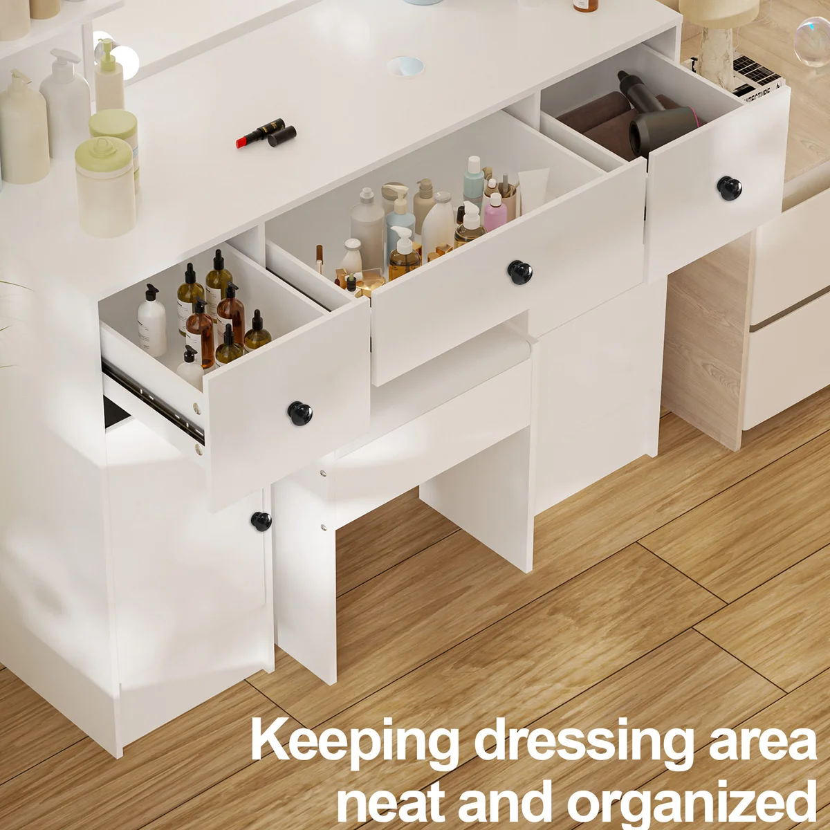 White Modern Vanity Set, LED Lighted Mirror, 3 Color Dimmable, 5 Drawers & Stool, Bedroom Dresser — view 6