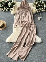 SINGREINY Lazy Casual Knit Two Pieces Set Women Autumn Winter Long Sleeve 3D Texture Printed Hoodies+Drawstring Pants 2pcs Suits 1