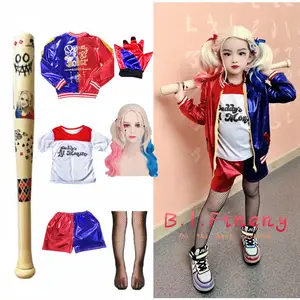 Quinzel crianças meninas fantasias cosplay fantasia arlequina halloween  festa vestido jaqueta taco de beisebol roupas conjunto