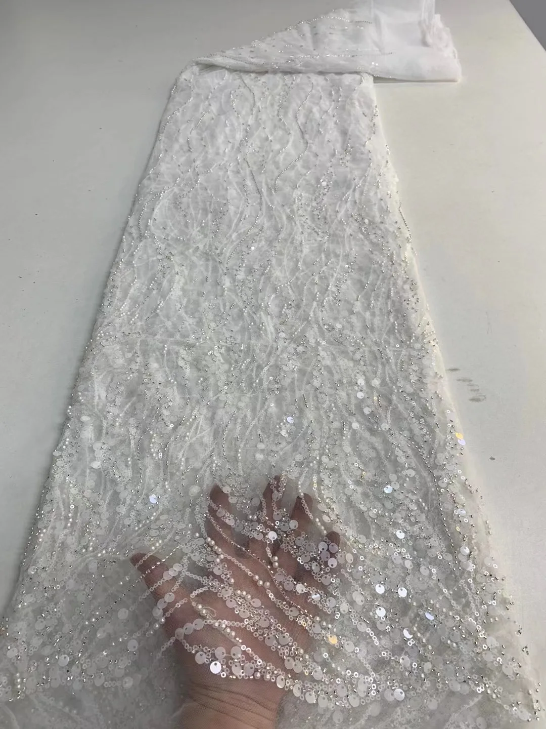 Latest Luxury Sequins Tulle Lace African Handmade Beaded Lace French 2022 High Quality Fabric Nigeria Bride Wedding Dress Sew