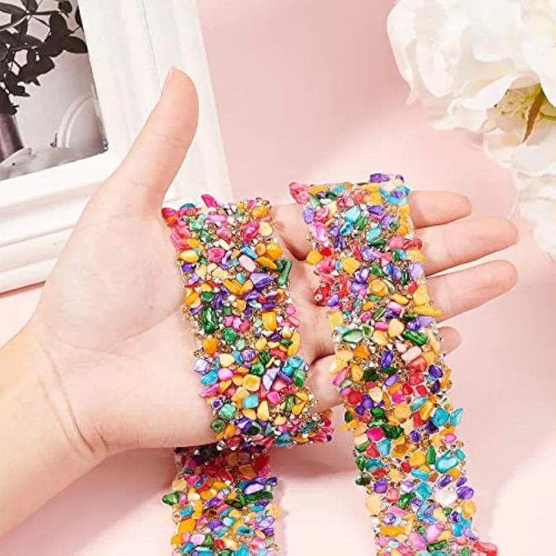 Crystal Rhinestone Trim Hotfix Ribbon Colorful Artificial Gem Stone Beaded Iron On Applique Chain Embellishment 1 Yard 1.4 Inch