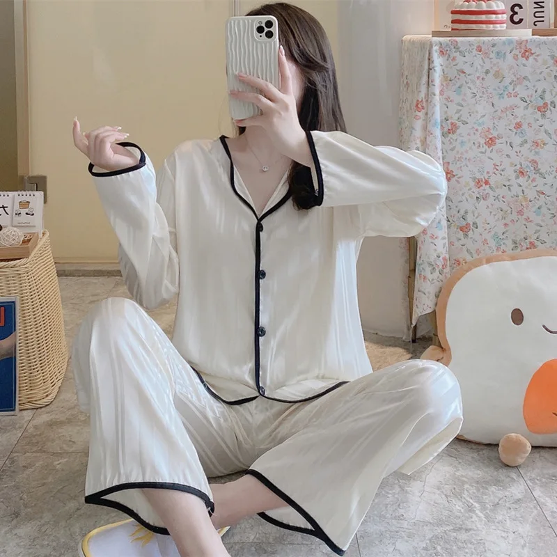 Women Pajamas Sets Strped Pijama Faux Silk Satin Pyjama Female Sleepwear Long Sleeve Lapel Shirt Pants Homewear Nightwear pjs