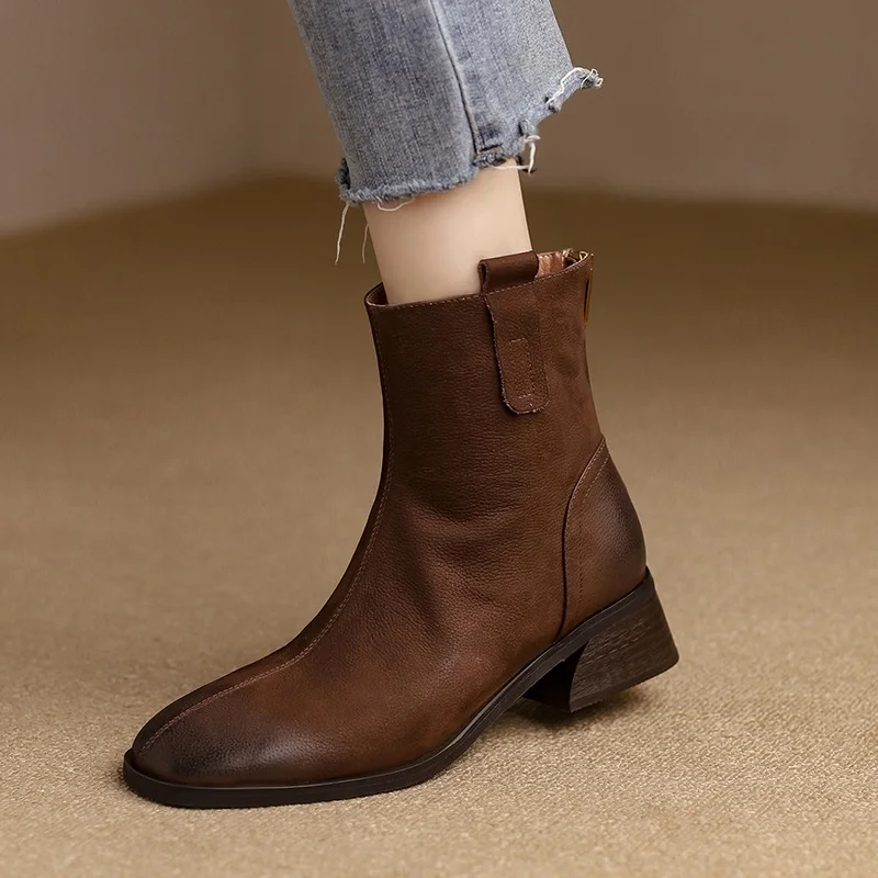 

Spring Autumn Ankle Boots Cowhide Basic Shoes Elegant Women Winter Boots Square Toe Leather Warm ShoesWith Back Zippers