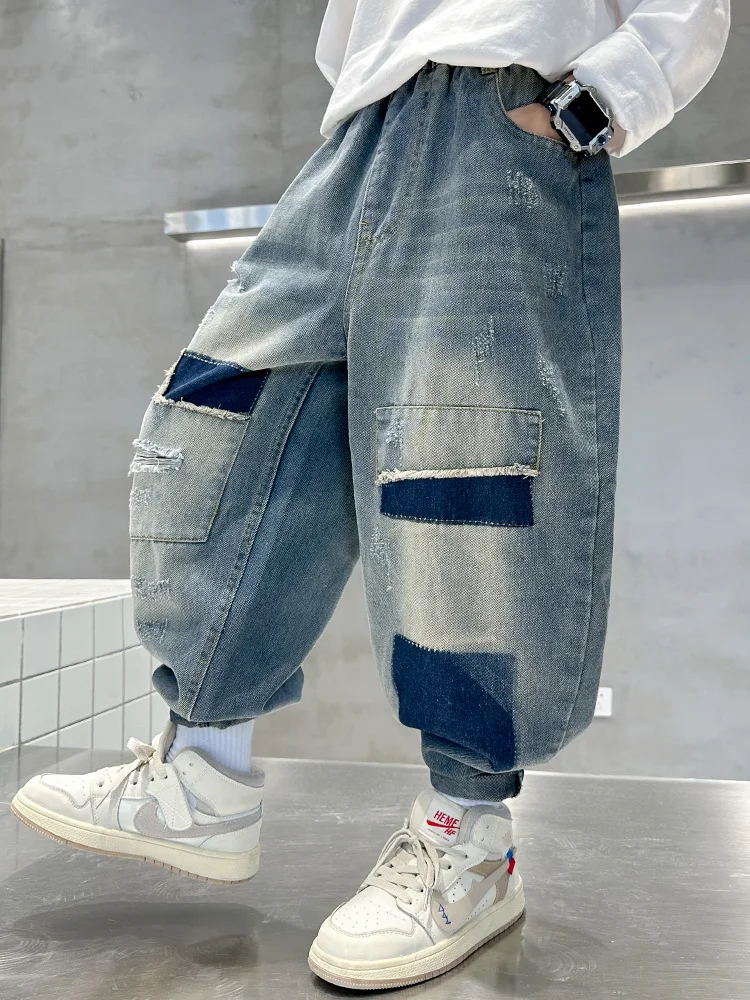 Boys Jeans Spring Autumn Personalized Fashion Patch Denim Pants Kids Clothes