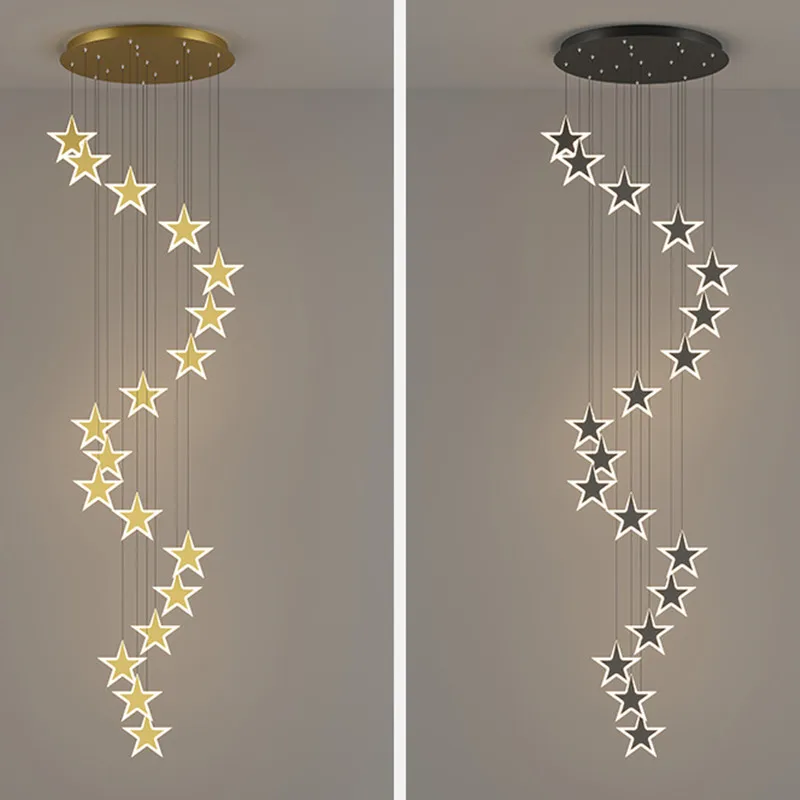 

Modern LED Pendant Light For Duplex Building Living Room Hall Villa Ring Stairs Stars Deco Hanging Lamps Dining Black Chandelier