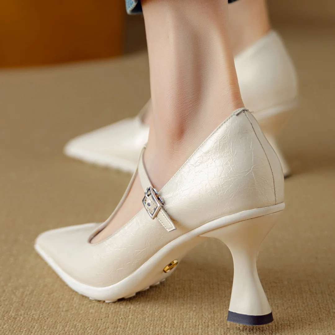 Women's genuine leather pointed toe metal buckle slip-on t-strap pumps elegant ladies 7.5cm thin high heeled daily dress shoes