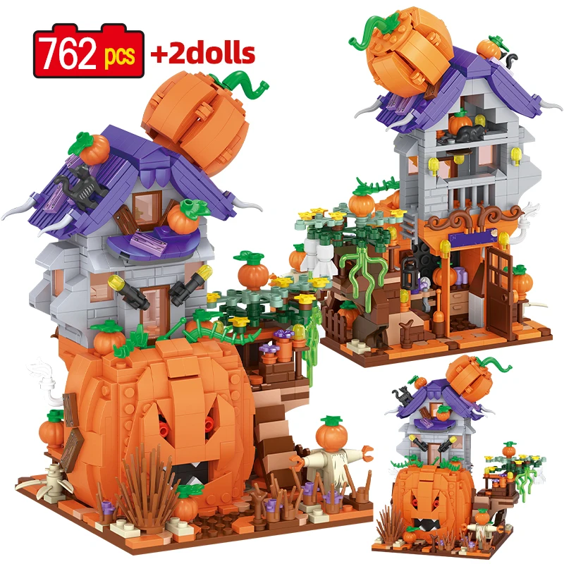 

Mini City Ideas Halloween Pumpkin Ghost House Building Blocks DIY Friends Roleplay Party Hut Bricks Toys For Children Gifts