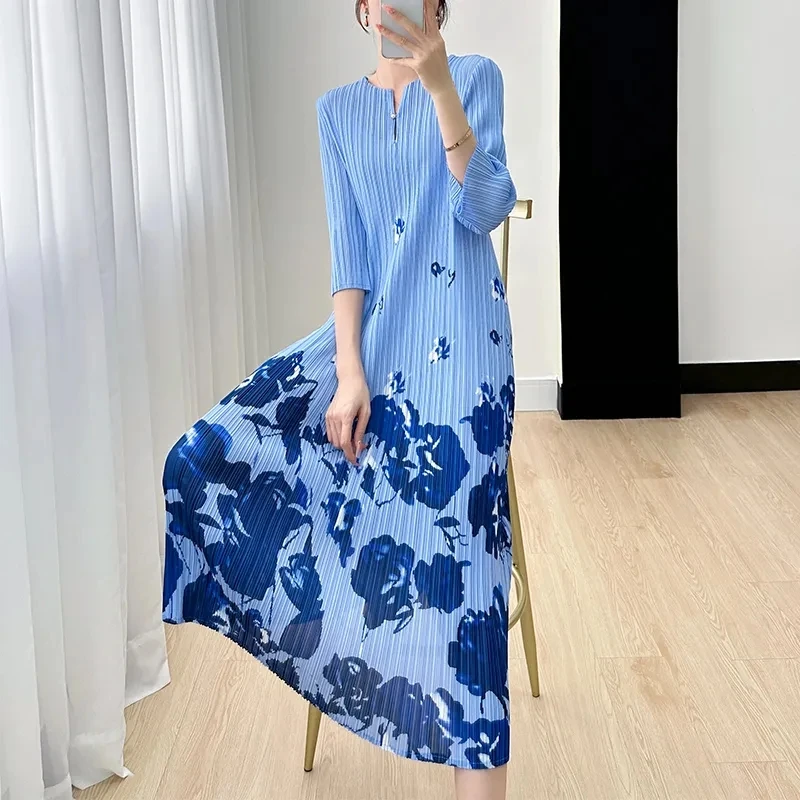 

Fashion Printing Fold Dress Female 2024 New Summer Dresses Medium Length Style loose Slim Casual Women's Dress Vestidos Sundress