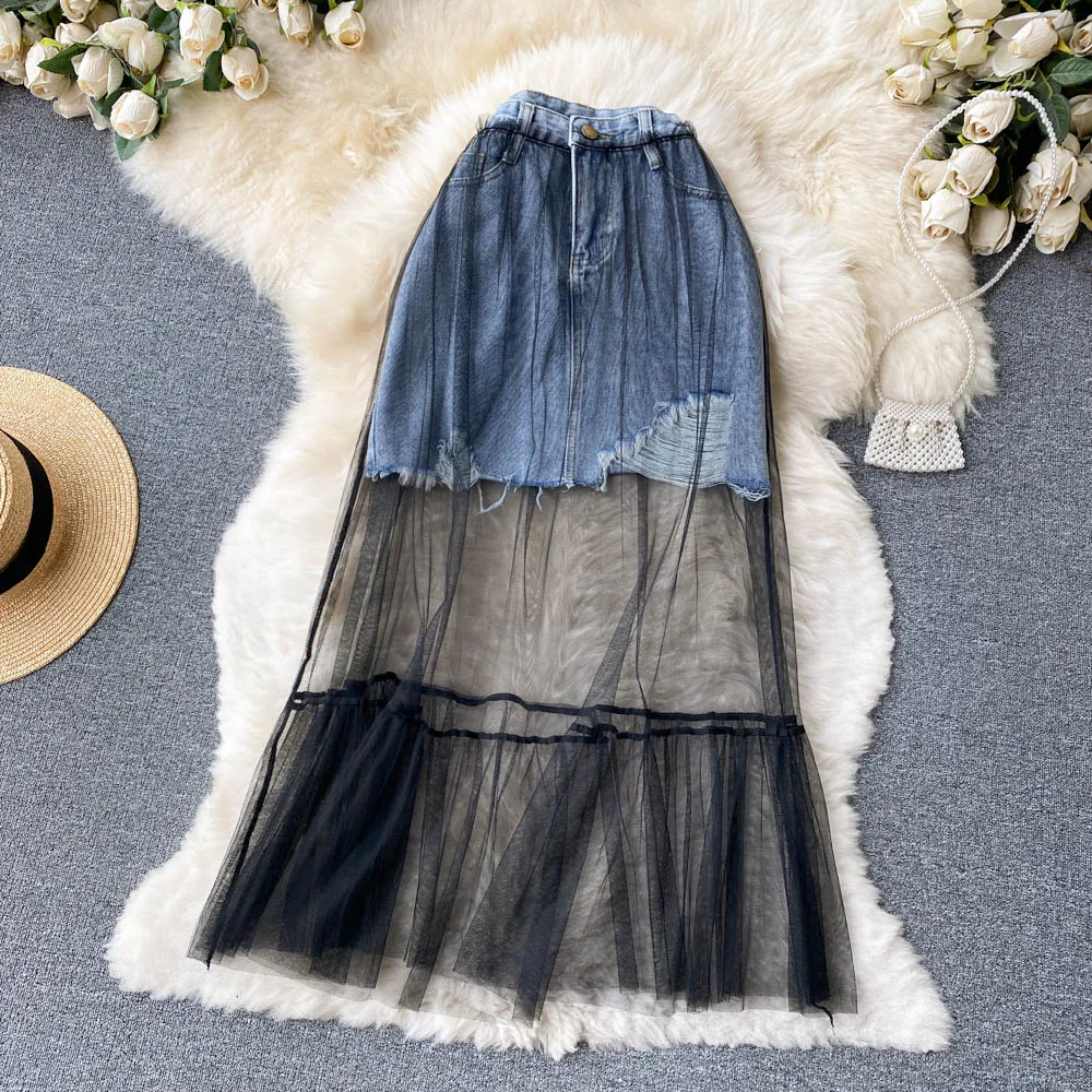 

Summer Korean High Waist Slim Black Lace Mesh Skirt Stitched Denim Skirt Hole Skirt Skirt Long Skirt A-line Skirt