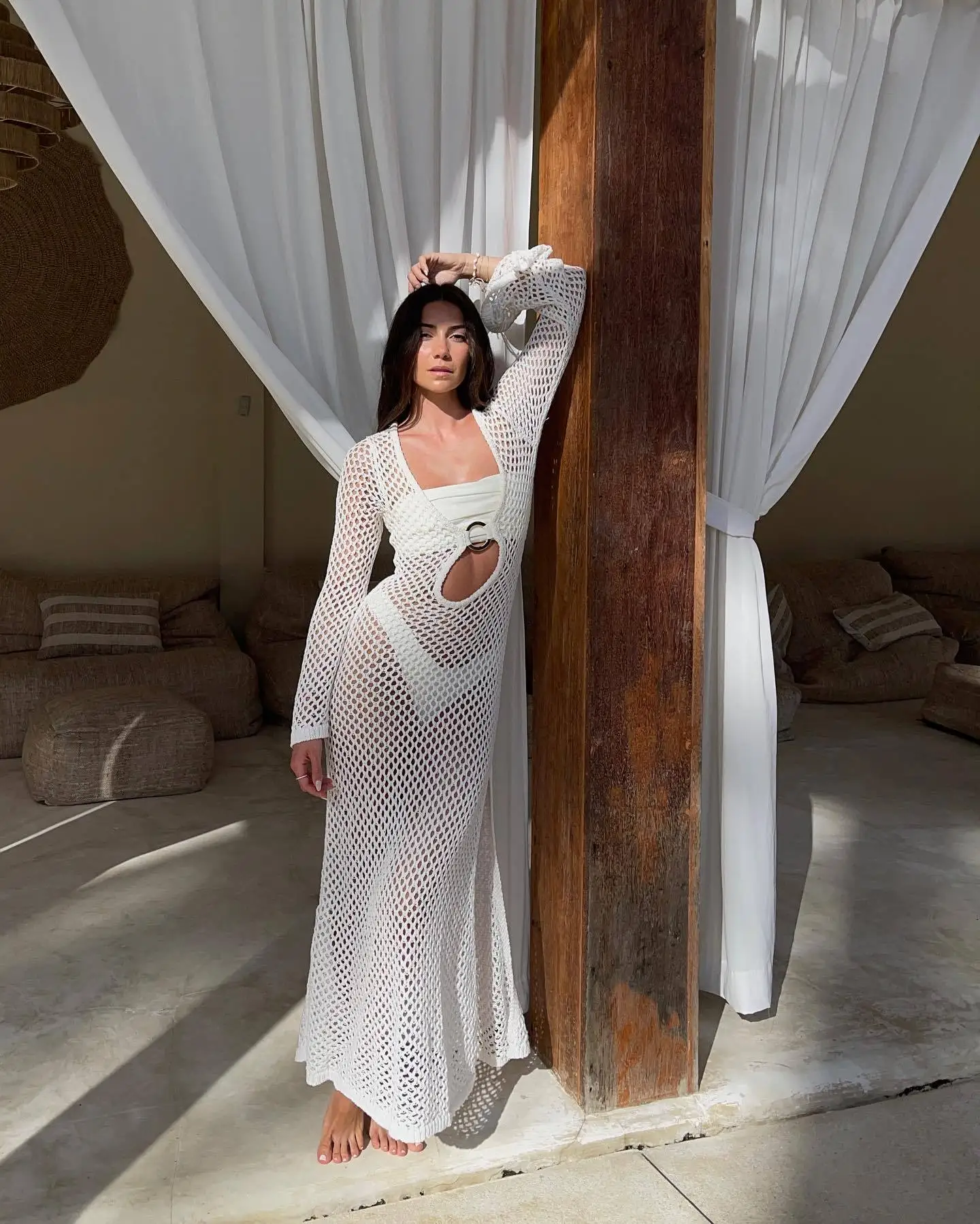 White Knitwear Hollow Out Maxi Dress Female Summer See-Through Loose High Waist Beach Holiday Dress Party Knit Dress 2025