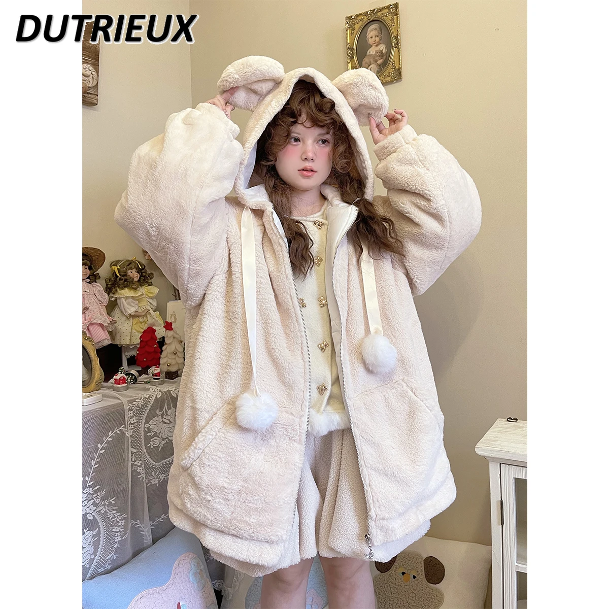 

Fur Hooded Jacket for Lady Bear Women's Coat Winter Warm Sweet Cute Thickened CoatSolid Color Japanese Style Cotton-Padded Coat
