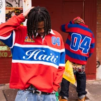 Polo pour homme, style Harajuku Y2K, streetwear, rayé, contrasté, polo de rugby à manches longues, broderie Haïti, coupe ample, décontracté, unisexe, tendance 5