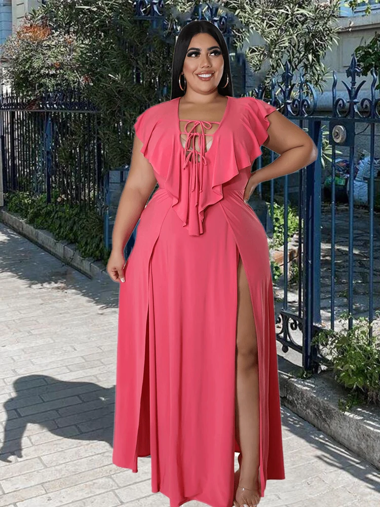 Elegant Dresses for Women Summer Maxi Dress with Slit Ruffled V Neck Sexy Ladies Plus Size Dresses Wholesale Bulk Dropshipping