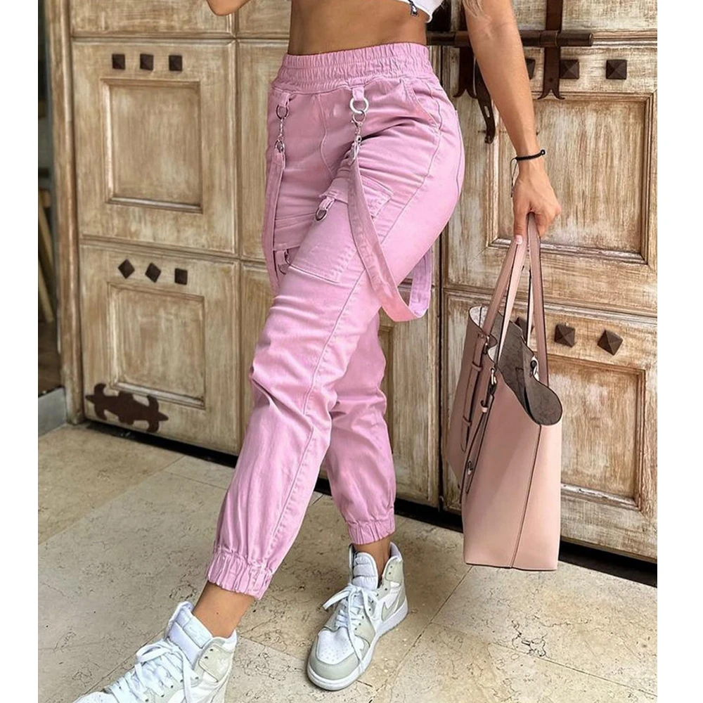 

Pink Pencil Pants Women High Waist Patch Pocket Strap Elasticated Slacks Trousers Fashion Causal Skinny Bodycon Pants
