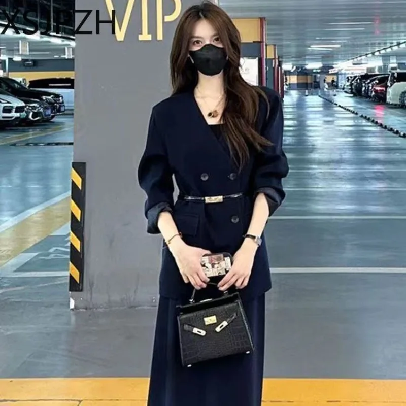 2024 Spring Autumn Business Retro V Neck Blazer Set Women Hepburn Style Elegant Slim Suit Straight Skirt Two Piece Office Lady