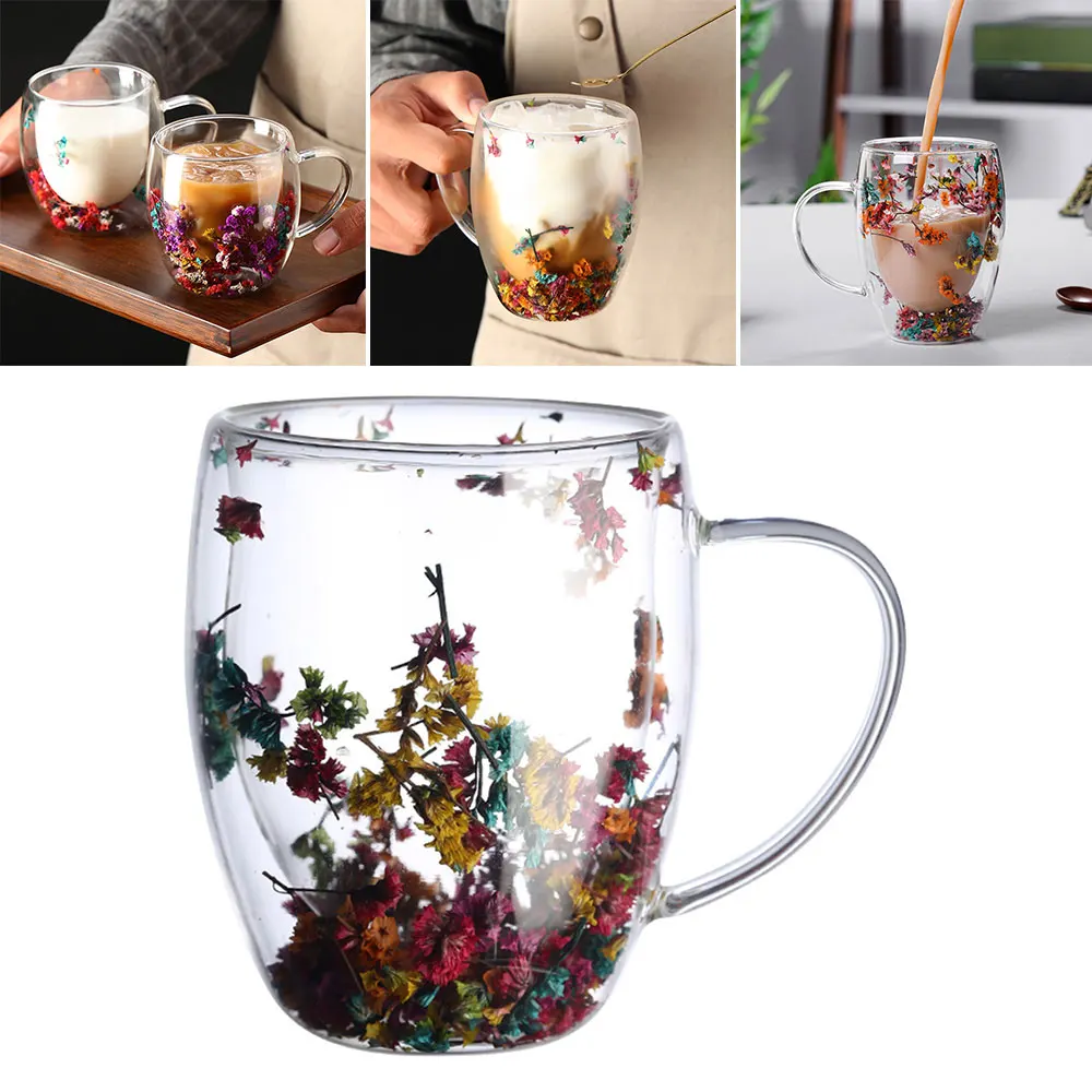 

Creative Double Wall Glass Cup Real Flower Conch Flash Filler Glass Cups High Borosilicate Glass Cups with Handle Kitchen Supply