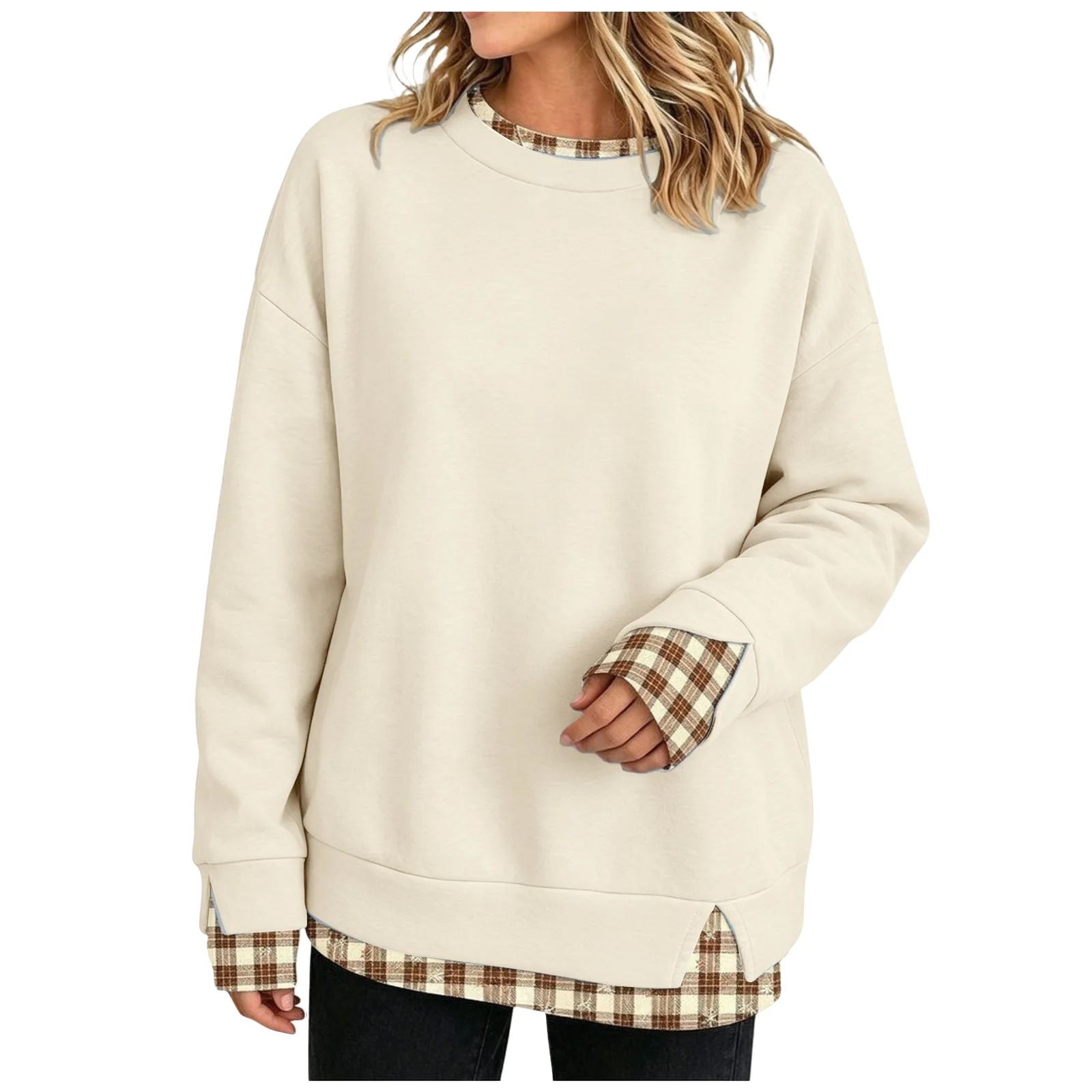 Crew Neck Sweatshirts Women Cute Long Sleeve Oversized Sweatshirt Plaid Pullove In Layered Tunic Drop Medium Weight Hoodie