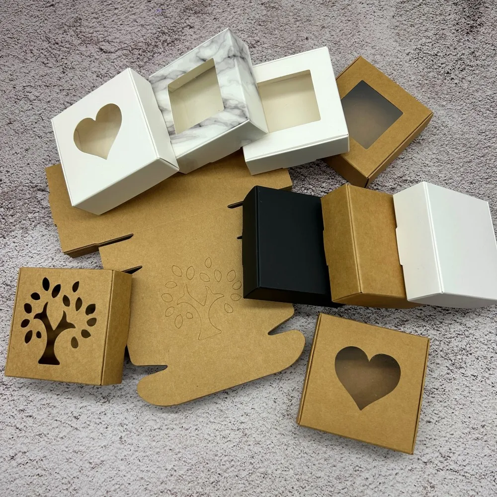 Kraft Paper Cardboard Jewelry Packaging Caixas, DIY Handmade Gifts Box, Clear PVC Window, Displays, Presentes, Caixa de embalagem, 30Pcs