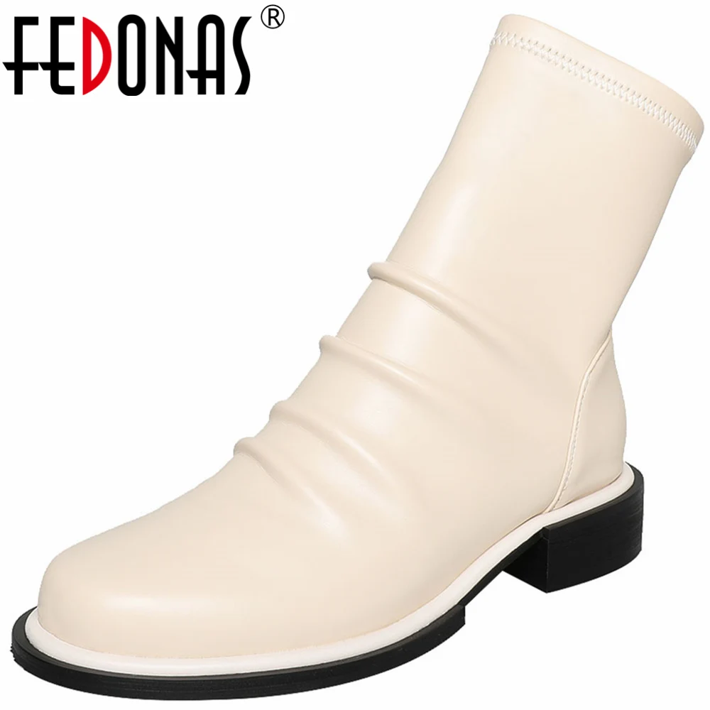 

FEDONAS Fashion Pleated Women Ankle Boots Low Heels Back Zipper Casual Basic Stretch Short Boots Autumn Winter Shoes Woman 2023