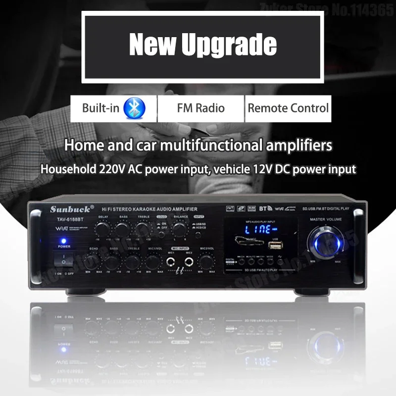 6188BT 블루투스 오디오 앰프 12V 220V 326BT 디지털 스테레오 앰프 마이크 입력 USB SD FM AUX 지원 가정용 차량용