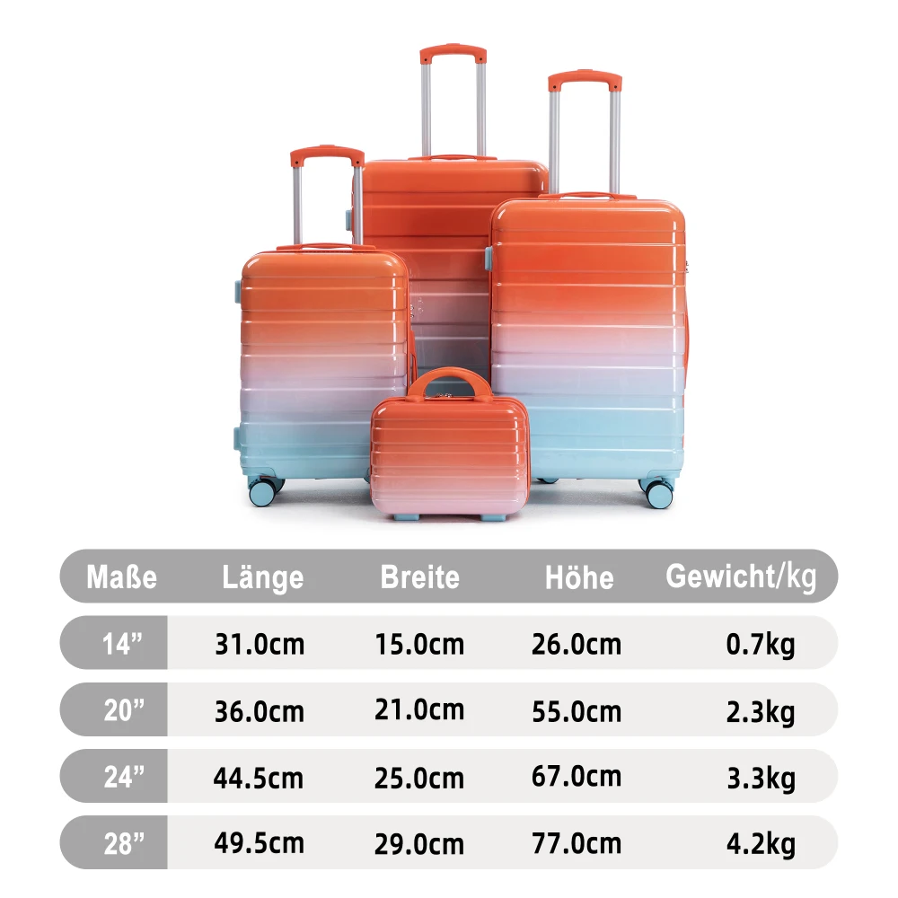 14"/20"/24"/28" 4-teiliges PC-Spinner-Kofferset - mit Seitengriffen, Schutzfüßen, integriertem Zahlenschloss & 14-Zoll-Kosmetiktasche – Detail 17