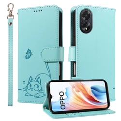 Magnetic Wallet Flip Leather Case with Cat and Butterfly Embossed Design - OPPO A55 5G (Green)