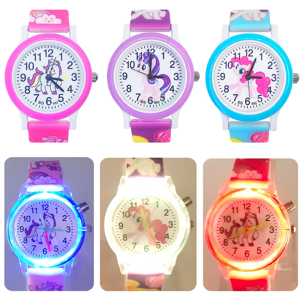

2023 New Unicorn Design Flash Children Watch with Lights Jelly Soft Strap Cartoon Pony Watch Boy Girl Kids Quartz Watches Clock