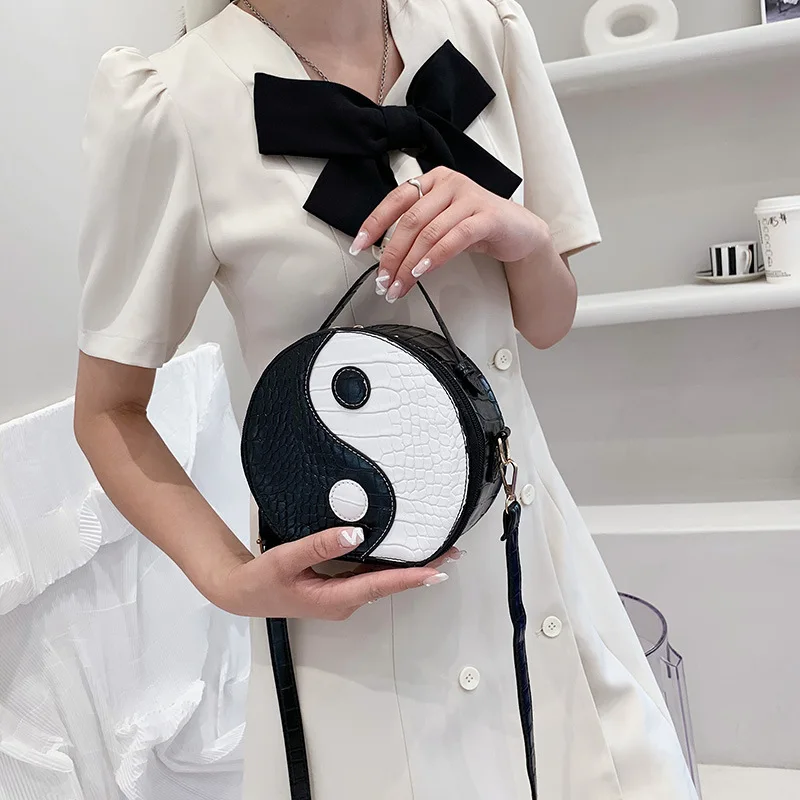 Women's Leather New Fashion Black And White Patchwork Color Small Round Bag, Casual Shoulder Crossbody Handbag