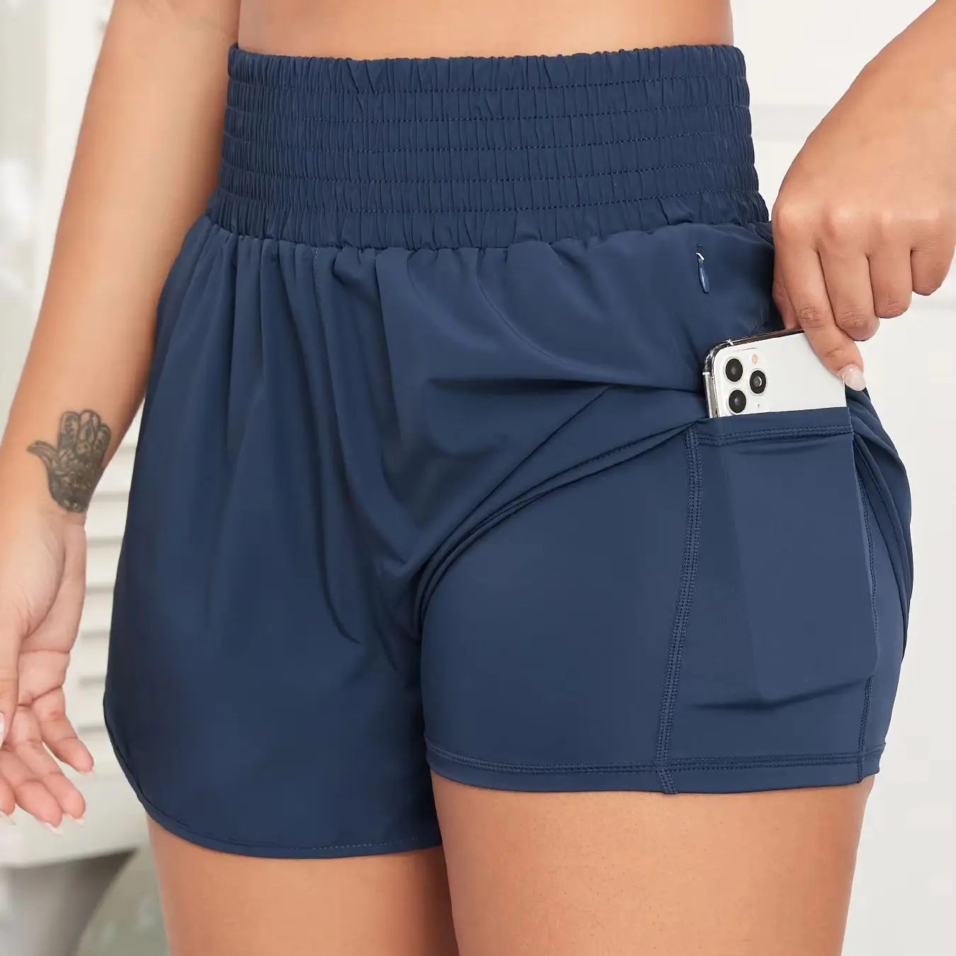 Summer Pure Color High Waisted Pocket Running Yoga Shorts With Built-in Lining For Women,Fitness Jogger Street Daily Wear Shorts 1