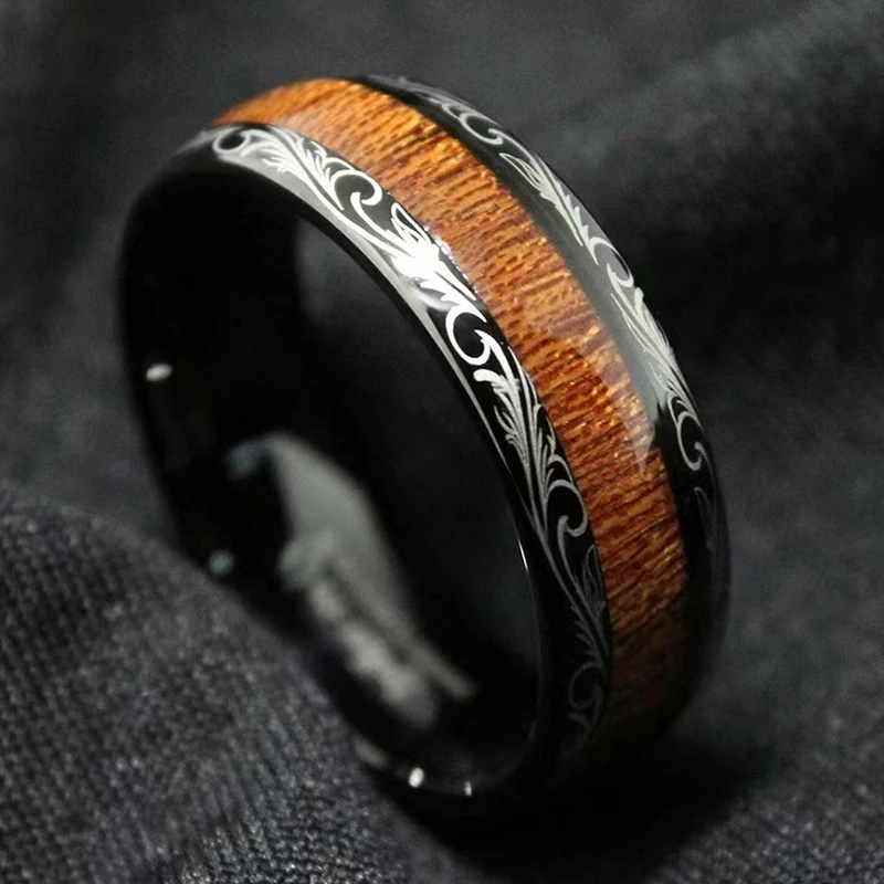Black Titanium Ring Men's Women's Printed Wood Grain Inlaid Stainless Steel Couple Accessories Engagement Wedding Jewelry locator wood carpentry with wrench bit tools woodworking drill bit 3 16mm shaft depth stop collars ring collars ring drill