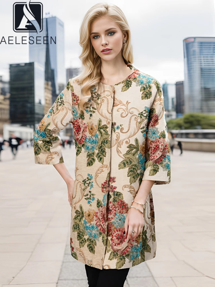 

AELESEEN High Qulity Autumn Winter Trench For Women Loose Long Flower Jacquard Luxury Beading Embroidery Party Coat Female