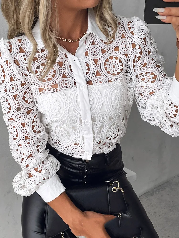 Lace Blouses For Women Elegant Office White Shirt Long