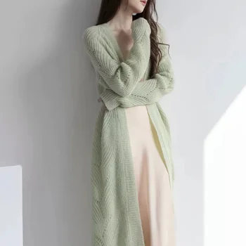 여성용 롱 스웨터 가디건 니트 재킷, 루즈한 할로우 아우터, 용수철 및 가을, 모헤어 레이지 윈드 블라우스