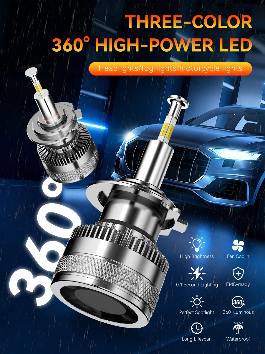 칼케 H1 H4 LED 전구 캔버스 360 H3 H7 H8 H9 H11 램프 헤드라이트 3색 전환 가능 9005 Hb3 9006 Hb4 9012 Hir2 D2H 자동차 라이트