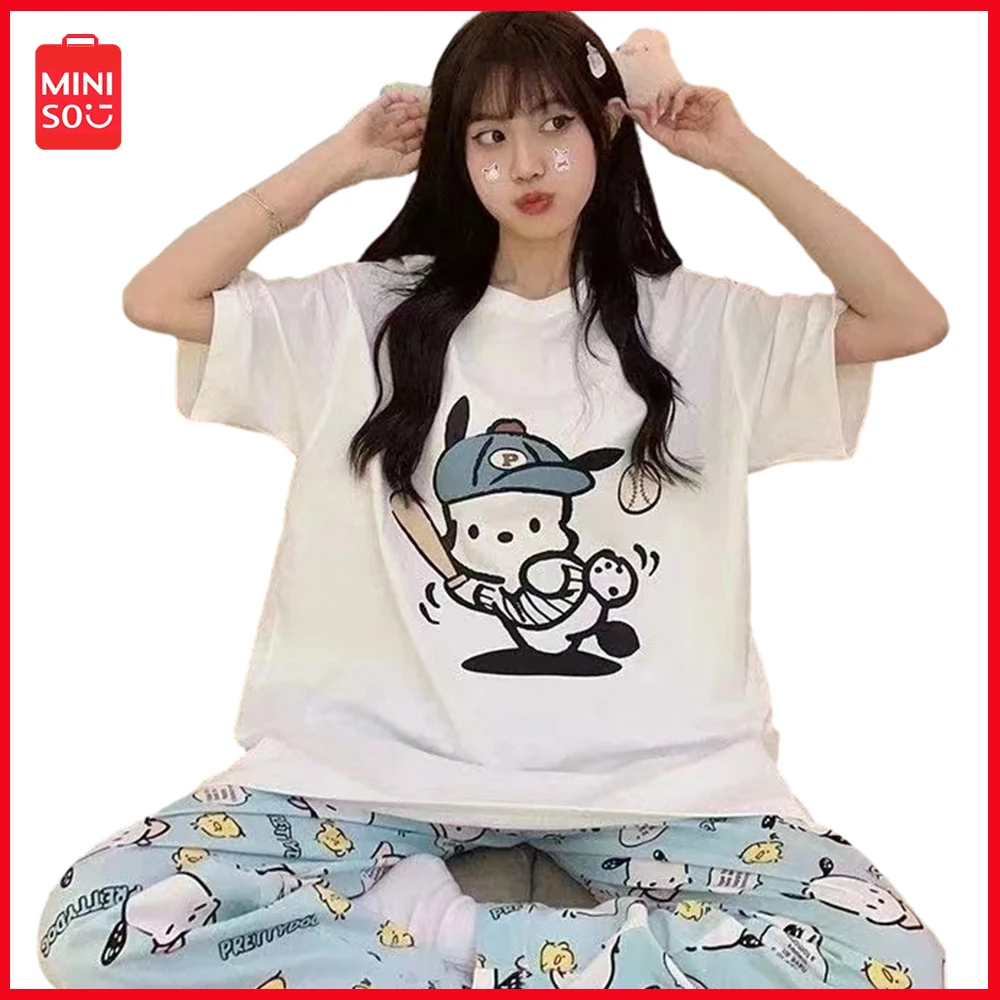 

2024 Miniso Sanrio Pochacco Carton Anime Korean Version of Women's Fashionable Round Neck Pajama Set Cute Casual Wear At Home