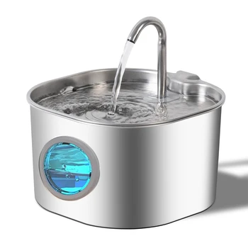 2.2L Automatic Cat Water Fountain Square Stainless Steel Pet Water Feeder Dog Water Fountain with window（No 5V 1A Plug）