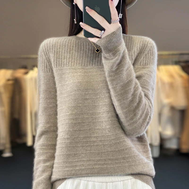 

New 100% Cashmere Sweater Women's Round Neck Pullover Hollow Out Long Sleeve Loose Cashmere Sweater Women's Autumn And Winter