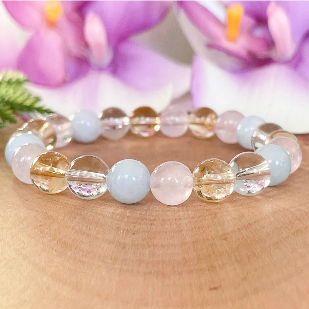 Ruberthen Libra Zodiac Gemstone Bracelet Aquamarine Rose Quartz
