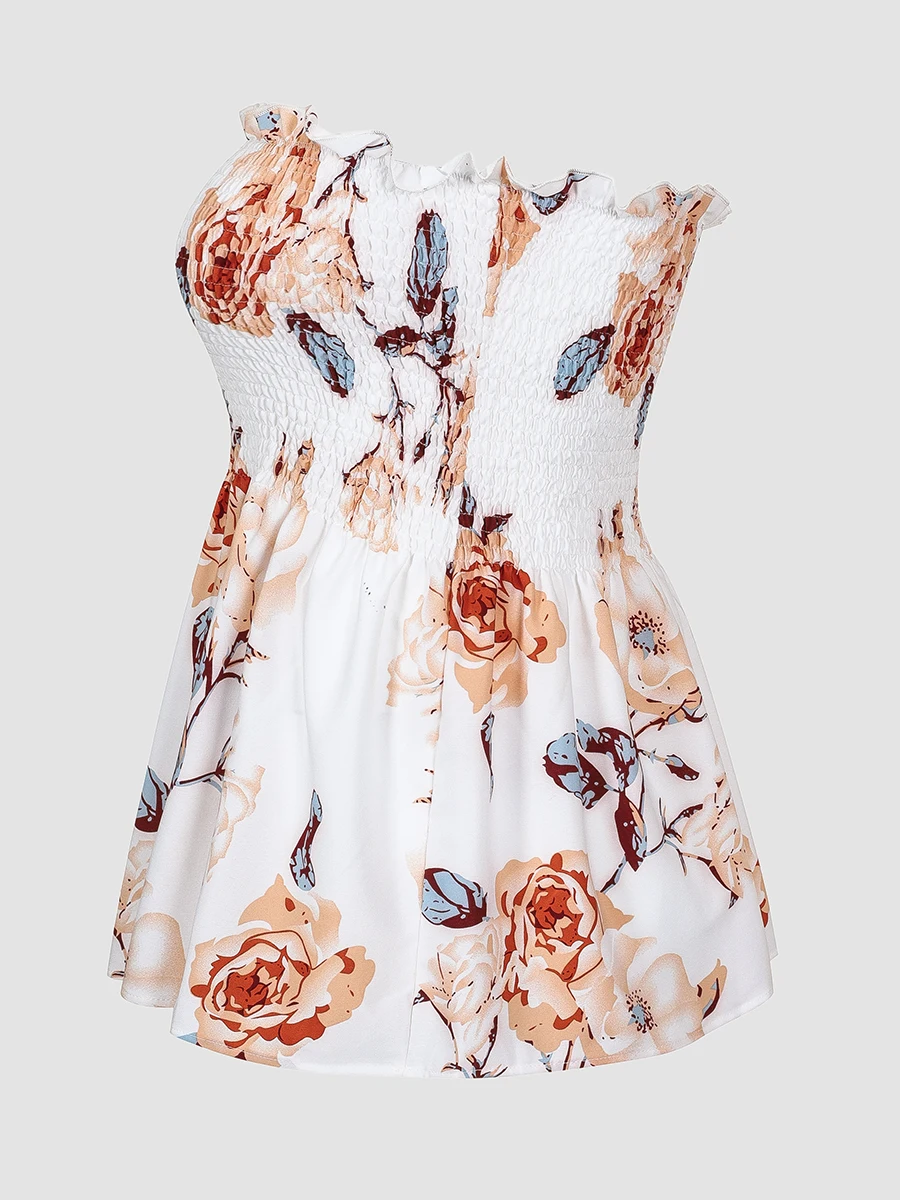 Finjani Floral Print Shirred Crop Tube Top & Blouse women's Ruffle Hem Plus Size Tops