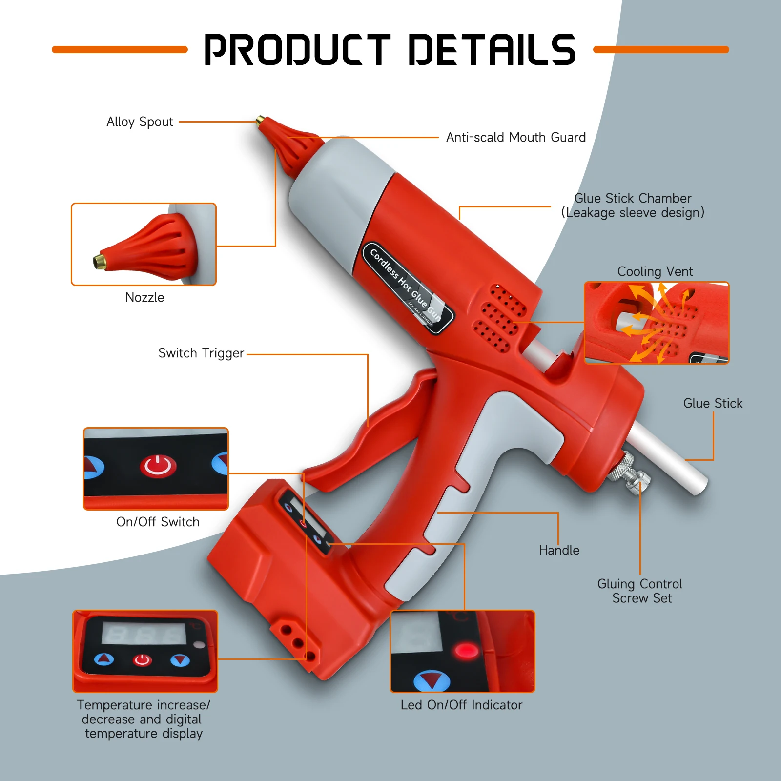 100W Cordless Hot Glue Gun 0-220℃ Digital Temperature Adjustable 10pcs 11mm Sticks For Milwaukee 18V Battery