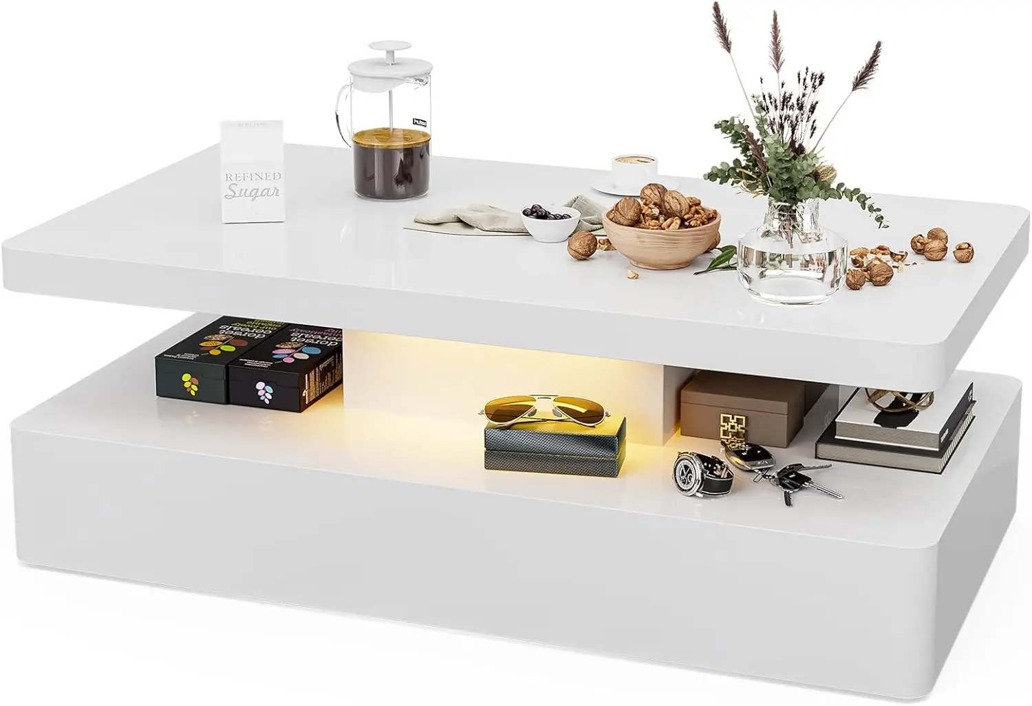 LED High Glossy Coffee Table Modern Coffee Table for Living Room 2 Tiers Rectangle Design Coffee Table with 16 Colors LED Lights 4