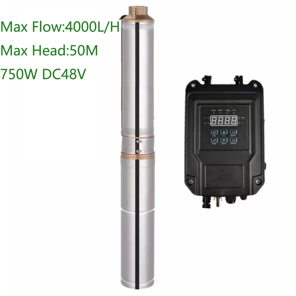 

750W DC48V Soalr Deep Well Pump Max Flow 4000L/H Stainless Steel Copper Outlet Solar DC Water Pump Head 50M With Controller