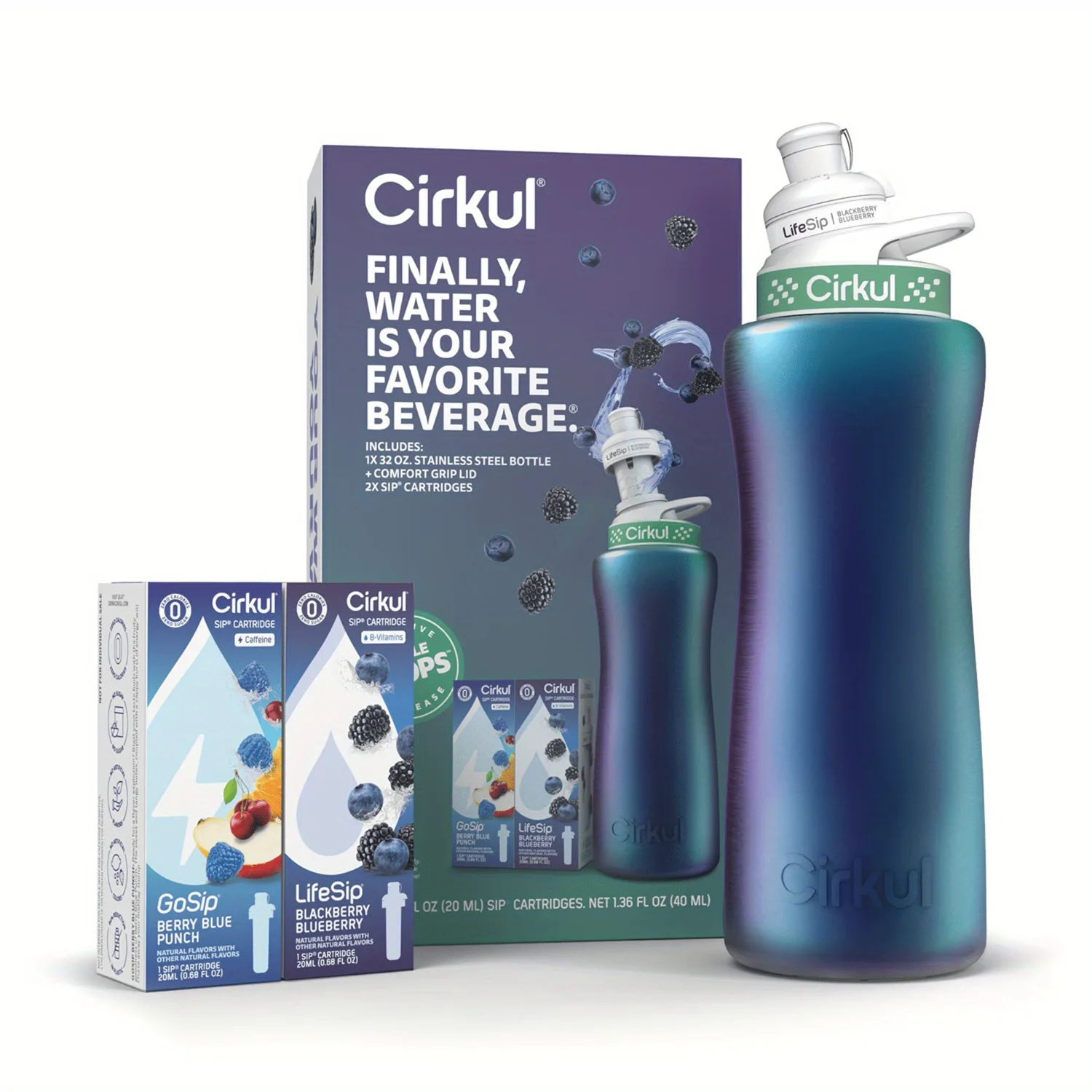 

Cirkul 32oz Chameleon Stainless Steel Starter Kit with Teal & White Cirkul Lid 2.0 and 2 Flavor Cartridges (Blackberry Blueberry