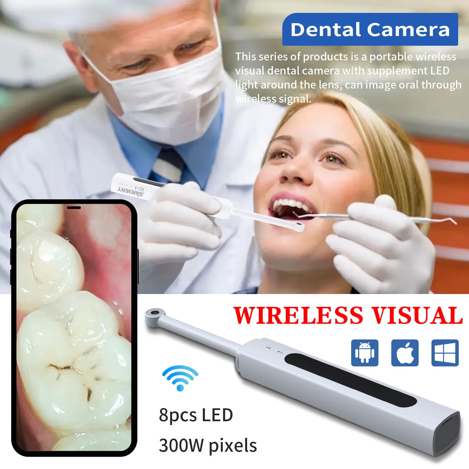 8LEDlightDentalIntraoralCameraUSBDigitalVisualImagingWirelessIntraOralEndoscopeWIFI