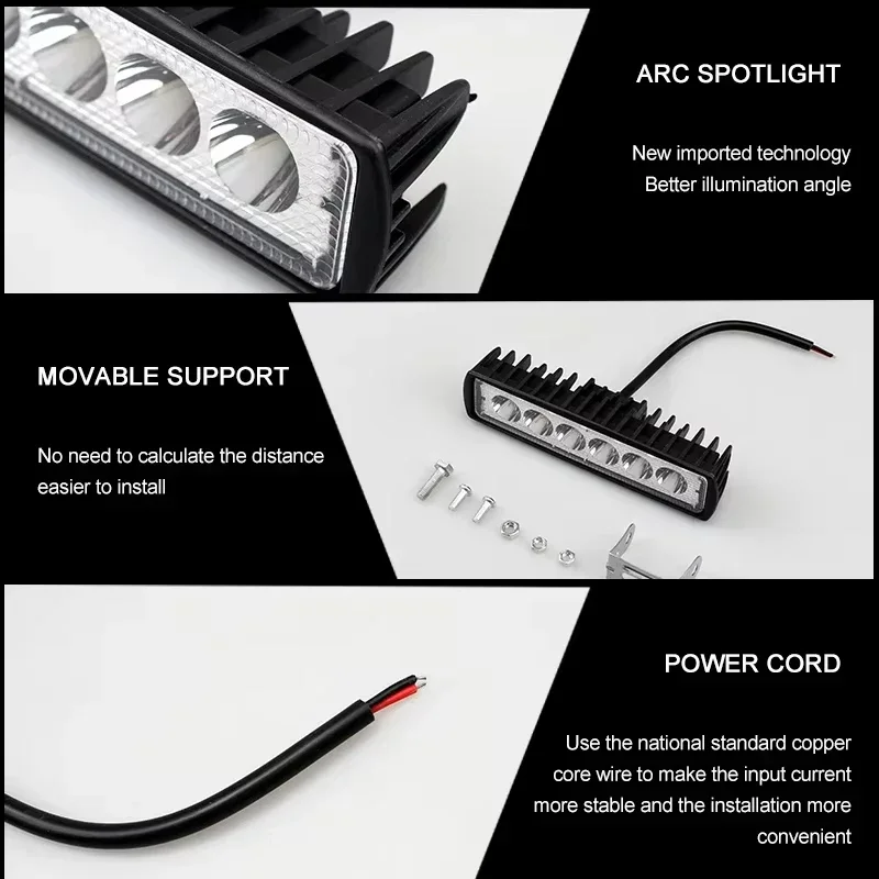 12V waterproof DRL high-beam headlights 6 LED 18W car work lights for SUVs trucks trailers off-road fog driving headlamp bulbs