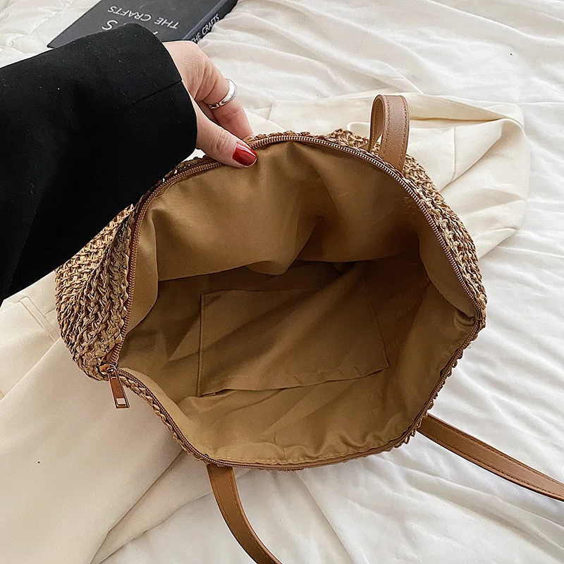 Summer Woven Shoulder Bag Women Beach Shoulder Bag Female Straw Knitted Handmade Large Capacity Handbag Purse Travel Tote Bags